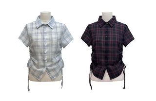 Labills vintage check ribbon strap shirring loose fit short sleeve shirt