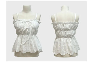 Bonita Ribbon Vintage Embroidered Flower Punching Sleeveless Banding Cotton Blouse