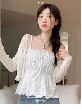Bonita Ribbon Vintage Embroidered Flower Punching Sleeveless Banding Cotton Blouse