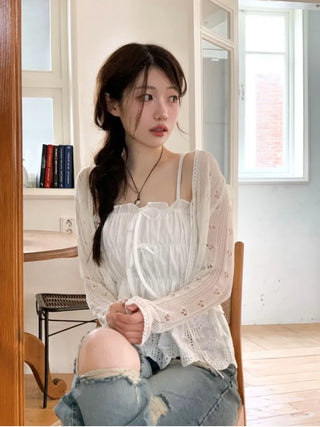 Bonita Ribbon Vintage Embroidered Flower Punching Sleeveless Banding Cotton Blouse