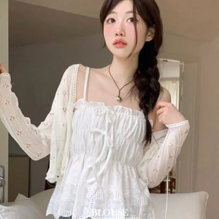 Bonita Ribbon Vintage Embroidered Flower Punching Sleeveless Banding Cotton Blouse