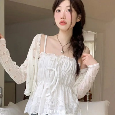 Bonita Ribbon Vintage Embroidered Flower Punching Sleeveless Banding Cotton Blouse