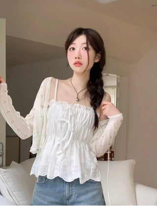 Bonita Ribbon Vintage Embroidered Flower Punching Sleeveless Banding Cotton Blouse