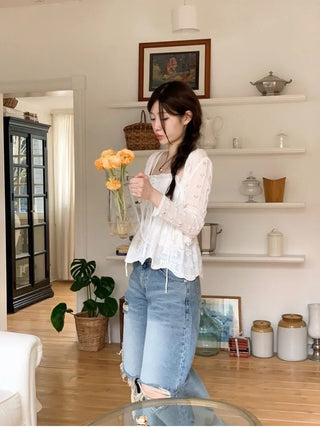 Bonita Ribbon Vintage Embroidered Flower Punching Sleeveless Banding Cotton Blouse