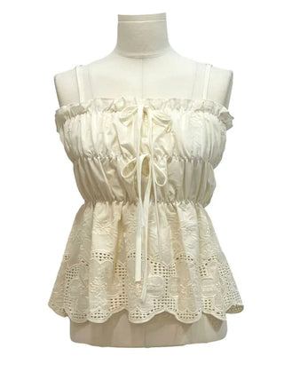 Bonita Ribbon Vintage Embroidered Flower Punching Sleeveless Banding Cotton Blouse