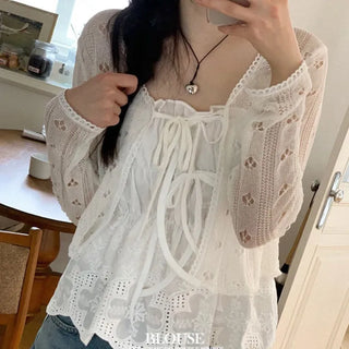 Bonita Ribbon Vintage Embroidered Flower Punching Sleeveless Banding Cotton Blouse