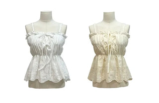 Bonita Ribbon Vintage Embroidered Flower Punching Sleeveless Banding Cotton Blouse