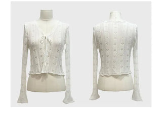 Ignis Ribbon Strap Flower Punching Loose See-Through Knit Cardigan
