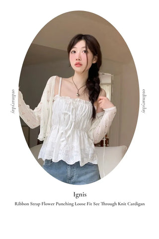 Ignis Ribbon Strap Flower Punching Loose See-Through Knit Cardigan