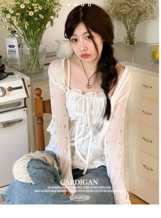 Ignis Ribbon Strap Flower Punching Loose See-Through Knit Cardigan