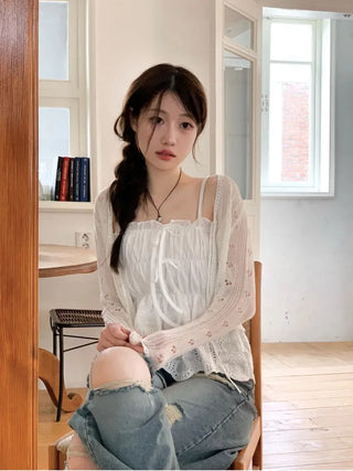 Ignis Ribbon Strap Flower Punching Loose See-Through Knit Cardigan