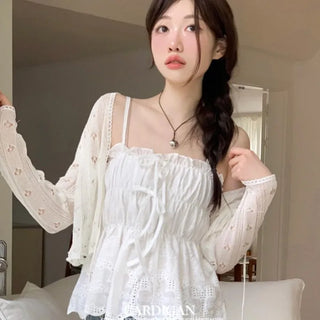 Ignis Ribbon Strap Flower Punching Loose See-Through Knit Cardigan