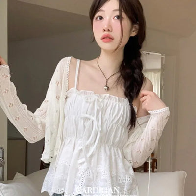 Ignis Ribbon Strap Flower Punching Loose See-Through Knit Cardigan