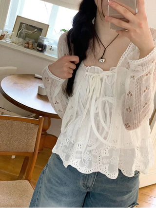 Ignis Ribbon Strap Flower Punching Loose See-Through Knit Cardigan