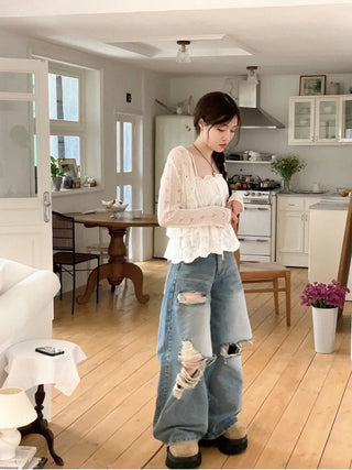 Ignis Ribbon Strap Flower Punching Loose See-Through Knit Cardigan