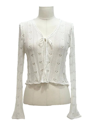 Ignis Ribbon Strap Flower Punching Loose See-Through Knit Cardigan