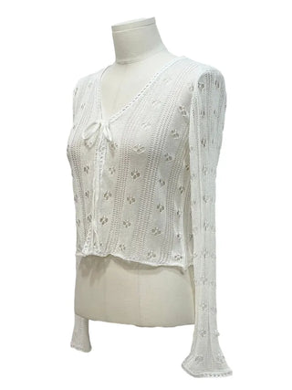 Ignis Ribbon Strap Flower Punching Loose See-Through Knit Cardigan