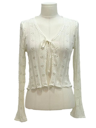 Ignis Ribbon Strap Flower Punching Loose See-Through Knit Cardigan