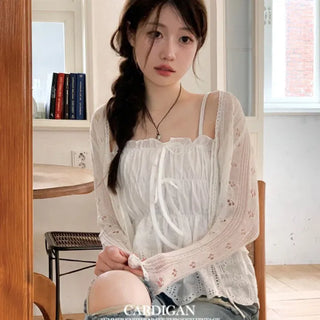 Ignis Ribbon Strap Flower Punching Loose See-Through Knit Cardigan