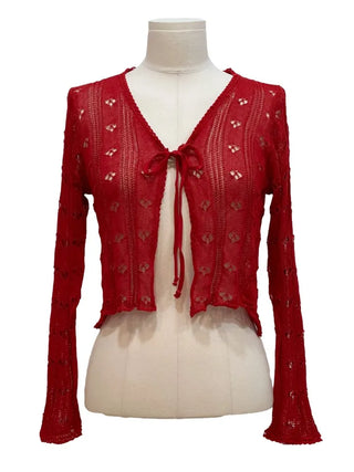 Ignis Ribbon Strap Flower Punching Loose See-Through Knit Cardigan