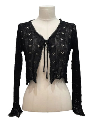 Ignis Ribbon Strap Flower Punching Loose See-Through Knit Cardigan