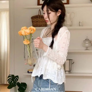 Ignis Ribbon Strap Flower Punching Loose See-Through Knit Cardigan