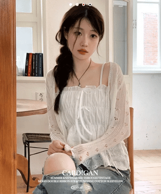 Ignis Ribbon Strap Flower Punching Loose See-Through Knit Cardigan