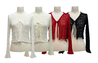 Ignis Ribbon Strap Flower Punching Loose See-Through Knit Cardigan