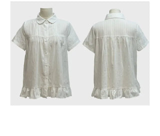 Baby Frill Pintuck Round Collar Check Cotton Short Sleeve Blouse