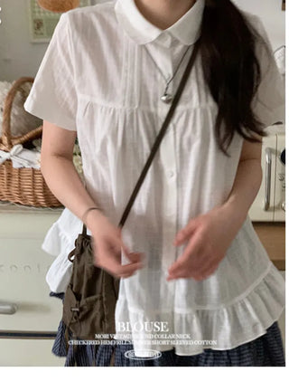 Baby Frill Pintuck Round Collar Check Cotton Short Sleeve Blouse