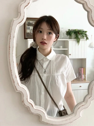Baby Frill Pintuck Round Collar Check Cotton Short Sleeve Blouse