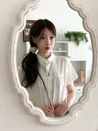 Baby Frill Pintuck Round Collar Check Cotton Short Sleeve Blouse