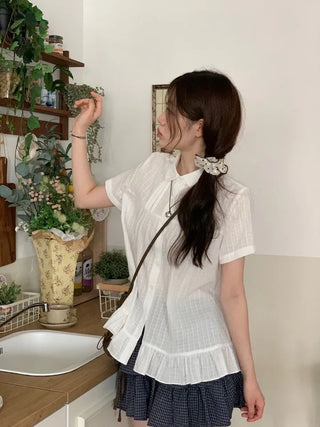 Baby Frill Pintuck Round Collar Check Cotton Short Sleeve Blouse
