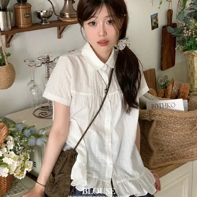 Baby Frill Pintuck Round Collar Check Cotton Short Sleeve Blouse