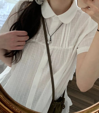 Baby Frill Pintuck Round Collar Check Cotton Short Sleeve Blouse