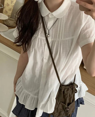 Baby Frill Pintuck Round Collar Check Cotton Short Sleeve Blouse