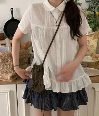 Baby Frill Pintuck Round Collar Check Cotton Short Sleeve Blouse