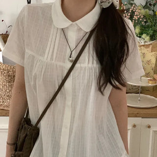 Baby Frill Pintuck Round Collar Check Cotton Short Sleeve Blouse