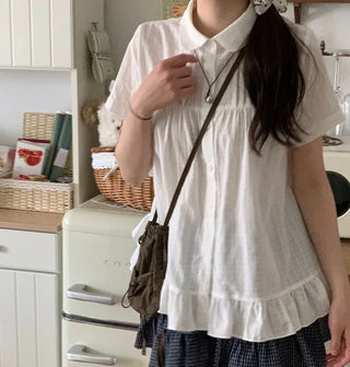 Baby Frill Pintuck Round Collar Check Cotton Short Sleeve Blouse
