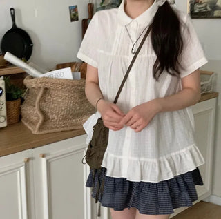Baby Frill Pintuck Round Collar Check Cotton Short Sleeve Blouse