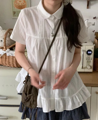 Baby Frill Pintuck Round Collar Check Cotton Short Sleeve Blouse