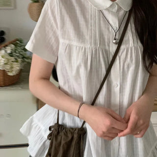 Baby Frill Pintuck Round Collar Check Cotton Short Sleeve Blouse