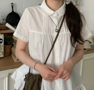 Baby Frill Pintuck Round Collar Check Cotton Short Sleeve Blouse