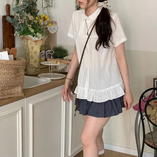 Baby Frill Pintuck Round Collar Check Cotton Short Sleeve Blouse