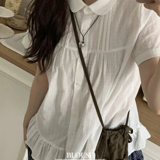Baby Frill Pintuck Round Collar Check Cotton Short Sleeve Blouse