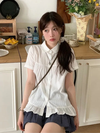 Baby Frill Pintuck Round Collar Check Cotton Short Sleeve Blouse