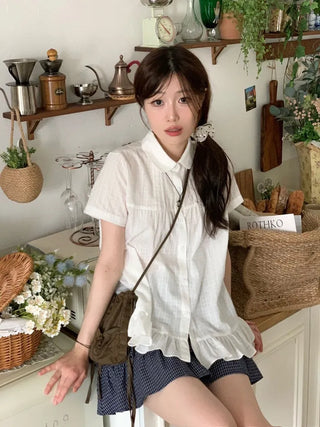 Baby Frill Pintuck Round Collar Check Cotton Short Sleeve Blouse