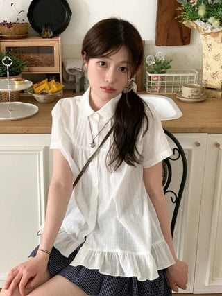 Baby Frill Pintuck Round Collar Check Cotton Short Sleeve Blouse