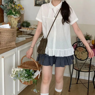 Baby Frill Pintuck Round Collar Check Cotton Short Sleeve Blouse