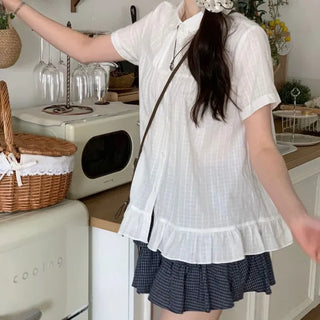 Baby Frill Pintuck Round Collar Check Cotton Short Sleeve Blouse